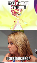 Size: 500x839 | Tagged: safe, sunset shimmer, human, equestria girls, g4, my little pony equestria girls: friendship games, female, irl, irl human, meme, photo, take my hand, tara strong