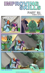 Size: 2480x4042 | Tagged: safe, artist:bcrich40, lyra heartstrings, rainbow dash, twilight sparkle, pegasus, pony, unicorn, comic:improving skills, g4, arial, burger, cider, comic, dialogue, drinking, facedesk, female, fluffy, food, french fries, frown, grin, hay burger, hoof hold, improving skills, levitation, magic, magic aura, mare, open mouth, sleeping, smiling, squee, telekinesis, unicorn twilight, watching, wide eyes
