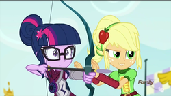 Size: 1920x1080 | Tagged: safe, screencap, applejack, sci-twi, twilight sparkle, equestria girls, g4, my little pony equestria girls: friendship games, archery, arrow, bow (weapon), bow and arrow, discovery family logo, magic capture device, weapon