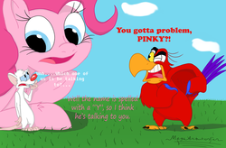 Size: 3849x2523 | Tagged: safe, artist:megaanimationfan, pinkie pie, g4, aladdin, crossover, disney, high res, iago, pinky (pinky and the brain), pinky and the brain, quote, reference, signature