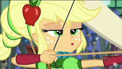 Size: 1920x1080 | Tagged: safe, screencap, applejack, equestria girls, g4, my little pony equestria girls: friendship games, :o, applejack is best facemaker, arrow, bow (weapon), bow and arrow, dat face, female, lidded eyes, solo