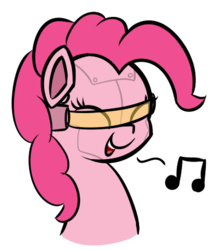 Size: 380x429 | Tagged: safe, artist:lux, pinkie pie, cyborg, robot, g4, cute, diapinkes, emote, eyes closed, female, happy, music notes, open mouth, ponkbot, simple background, singing, smiling, solo, transparent background, visor