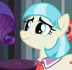 Size: 327x320 | Tagged: safe, screencap, coco pommel, rarity, earth pony, pony, g4, made in manehattan, adorkable, animated, blushing, cocobetes, cute, dork, female, floppy ears, grin, sheepish grin, smiling, squee
