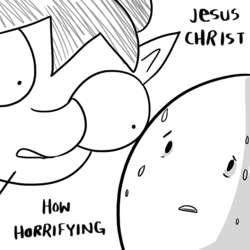 Size: 660x660 | Tagged: safe, artist:tjpones edits, edit, oc, oc only, oc:hose wife, oc:richard, human, frown, jesus christ how horrifying, meme, monochrome, nervous, open mouth, quality, reaction image, stare, stylistic suck, sweat, wide eyes, worried