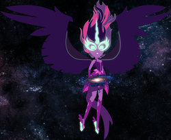 Size: 2500x2037 | Tagged: safe, sci-twi, twilight sparkle, equestria girls, g4, my little pony equestria girls: friendship games, artificial wings, augmented, clothes, dress, female, galaxy, glowing eyes, glowing horn, goddess, grin, high res, horn, macro, magic, magic wings, midnight sparkle, milky way galaxy, smiling, solo, space, spread wings, wings