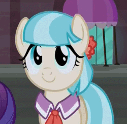 Size: 436x426 | Tagged: safe, screencap, coco pommel, earth pony, pony, unicorn, g4, made in manehattan, animated, cocobetes, cute, daaaaaaaaaaaw, eye shimmer, female, hnnng, moe, open mouth, puppy dog eyes, smiling, solo, squee, sweet dreams fuel, weapons-grade cute