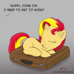 Size: 1050x1050 | Tagged: safe, artist:halflingpony, sunset shimmer, pony, unicorn, g4, behaving like a cat, briefcase, cute, eyes closed, female, filly, filly sunset shimmer, shimmerbetes, smiling, solo, tongue out