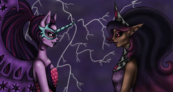 Size: 1366x728 | Tagged: safe, artist:smilingm00n, sci-twi, twilight sparkle, human, humanoid, equestria girls, g4, my little pony equestria girls: friendship games, black sclera, duo, elf ears, eye contact, grin, humanized, lightning, mask, midnight sparkle, pony ears, purple background, self paradox, self ponidox, simple background, smirk, tyrant sparkle, unicorns as elves