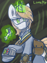 Size: 1600x2133 | Tagged: safe, artist:dracojayproduct, oc, oc only, oc:littlepip, pony, unicorn, fallout equestria, clothes, fanfic, fanfic art, female, glowing horn, gun, handgun, horn, jumpsuit, little macintosh, magic, mare, pipboy, pipbuck, revolver, solo, telekinesis, vault suit, weapon