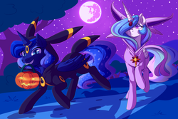 Size: 7086x4724 | Tagged: safe, artist:g-blue16, princess celestia, princess luna, espeon, pony, umbreon, g4, clothes, costume, cute, duo, frown, grin, hair over one eye, hoodie, horn, horn jewelry, horn ring, jack-o-lantern, jewelry, kigurumi, looking at you, mare in the moon, moon, mouth hold, night, nightmare night, pokémon, pumpkin bucket, raised hoof, raised leg, running, smirk