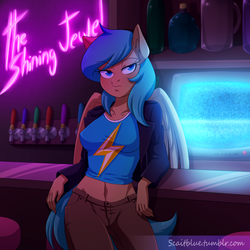 Size: 1280x1280 | Tagged: safe, artist:g-blue16, oc, oc only, oc:spur bevel, pegasus, anthro, belly button, frown, looking at you, midriff, raised eyebrow, solo, unamused