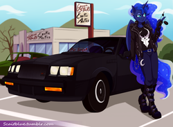 Size: 1280x937 | Tagged: safe, artist:g-blue16, princess luna, anthro, g4, buick, buick gnx, car, clothes, earring, female, fingerless gloves, gloves, leather jacket, piercing, solo