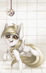 Size: 1661x2632 | Tagged: safe, artist:hamatte, derpy hooves, pegasus, pony, g4, dangling, drool, eyes on the prize, female, mare, muffin, practice, smiling, solo, underp