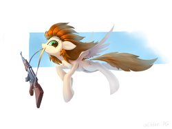 Size: 2828x2121 | Tagged: safe, artist:ramiras, oc, oc only, oc:goldenrain, pegasus, pony, ak-47, flying, gun, high res, rifle, smiling, solo, weapon