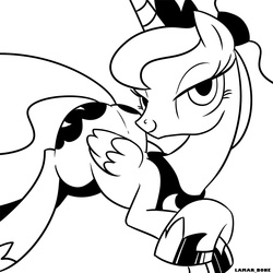 Size: 800x800 | Tagged: safe, artist:lamar_bone, derpibooru exclusive, princess luna, alicorn, pony, g4, alternate hairstyle, bedroom eyes, black and white, crossed hooves, female, grayscale, jewelry, lineart, mare, monochrome, ponytail, prone, regalia, simple background, smiling, solo, white background