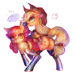 Size: 2000x2000 | Tagged: safe, artist:girlsay, apple bloom, applejack, g4, butt, fireproof boots, high res, pixiv, plot, rope