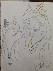 Size: 600x800 | Tagged: safe, artist:andypriceart, princess celestia, princess luna, :p, celestia is not amused, eyes closed, frown, looking at you, majestic as fuck, raspberry, tongue out, traditional art, unamused