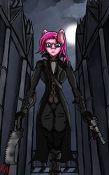 Size: 500x800 | Tagged: safe, artist:renegade-157, pinkie pie, earth pony, anthro, g4, bloodborne, breasts, clothes, crossover, female, night, pinkamena diane pie, solo, weapon