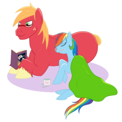 Size: 657x658 | Tagged: safe, artist:karmadash, big macintosh, rainbow dash, earth pony, pony, g4, blanket, ice cream, male, reading, red nosed, ship:rainbowmac, shipping, sick, spoon, stallion, straight, thermometer