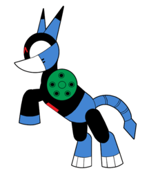 Size: 736x850 | Tagged: safe, artist:combatkaiser, cyborg, cyborg kuro-chan, mii-kun, minigun, ponified, simple background, solo, transparent background