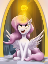 Size: 713x947 | Tagged: safe, artist:the1xeno1, princess celestia, g4, cute, female, filly, happy, magic, open mouth, pink-mane celestia, sitting, smiling, solo, spread wings, sun, tangible heavenly object, younger