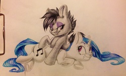 Size: 2524x1534 | Tagged: safe, artist:theorderofalisikus, dj pon-3, octavia melody, vinyl scratch, g4, alternate hairstyle, earring, female, grin, lesbian, piercing, prone, raised eyebrow, ship:scratchtavia, shipping, traditional art, underhoof