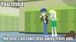 Size: 720x403 | Tagged: safe, edit, edited screencap, screencap, derpy hooves, flash sentry, equestria girls, g4, my little pony equestria girls: friendship games, caption, comforting, consoling, female, guitar, image macro, lockers, male, meme, you tried