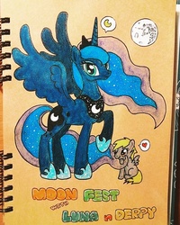 Size: 605x757 | Tagged: safe, artist:蔡卓霖, derpy hooves, princess luna, alicorn, pegasus, pony, g4, filly, filly derpy hooves, heart, mare in the moon, moon, sitting, traditional art