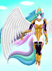 Size: 1696x2336 | Tagged: safe, artist:goldwing93, princess celestia, anthro, plantigrade anthro, g4, armor, barefoot, breasts, cleavage, clothes, feet, female, looking at you, sky, smiling, socks, solo, thigh highs