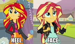 Size: 960x574 | Tagged: safe, sunset shimmer, equestria girls, g4, my little pony equestria girls: friendship games, discussion in the comments, face (wrestling), heel (wrestling), image macro, meme, pro wrestling, wrestling, wwe