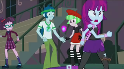Size: 1365x766 | Tagged: safe, screencap, captain planet, drama letter, mystery mint, varsity trim, watermelody, equestria girls, g4, my little pony equestria girls: friendship games, background human, dimensional cracks, scared