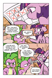 Size: 800x1200 | Tagged: safe, artist:pixel-prism, spike, twilight sparkle, alicorn, dragon, pony, comic:lesson learned, g4, calendar, comic, dialogue, duo, duo male and female, ears back, female, folded wings, gritted teeth, indoors, looking back, male, mare, open mouth, speech bubble, teeth, twilight sparkle (alicorn), wings
