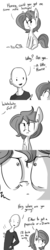 Size: 726x3630 | Tagged: safe, artist:tjpones, oc, oc only, oc:brownie bun, oc:richard, earth pony, human, pony, horse wife, angry, bad pun, bags under eyes, brownie bun without her pearls, cheek fluff, chest fluff, comic, ear fluff, female, grayscale, grumpy, human male, male, mare, monochrome, pun, sick, simple background, sitting, this will end in divorce, threat, tissue, tumblr, white background, wide eyes
