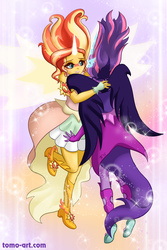 Size: 1000x1500 | Tagged: safe, artist:facja, sci-twi, sunset shimmer, twilight sparkle, equestria girls, g4, my little pony equestria girls: friendship games, daydream shimmer, hug, midnight sparkle