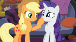Size: 589x331 | Tagged: safe, screencap, applejack, rarity, earth pony, pony, unicorn, g4, made in manehattan, animated, applejack's damaged hat, applejack's hat, coco's apartment, cowboy hat, female, gif, hat, hoof in mouth, hoofjack, loop, mare