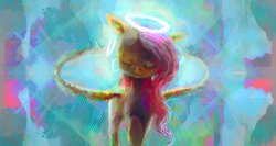 Size: 2287x1221 | Tagged: safe, artist:sharpieboss, fluttershy, g4, eyes closed, female, halo, peaceful, raised hoof, solo