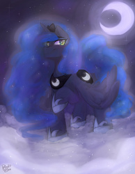 Size: 1024x1317 | Tagged: safe, artist:drawing-heart, princess luna, g4, cloud, cloudy, female, heart eyes, moon, night, raised hoof, solo, wingding eyes