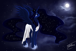 Size: 5400x3600 | Tagged: safe, artist:althyra-nex, princess luna, g4, absurd resolution, clothes, dress, female, moon, solo, space, spread wings