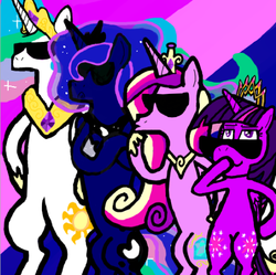 Size: 560x557 | Tagged: safe, artist:dragonpone, derpibooru exclusive, princess cadance, princess celestia, princess luna, twilight sparkle, alicorn, pony, alicorn tetrarchy, bipedal, both cutie marks, cool, crossed arms, crossed hooves, frown, hand on hip, kissing, lidded eyes, smiling, sunglasses, twilight sparkle (alicorn)