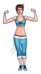 Size: 639x1131 | Tagged: dead source, safe, artist:n0vaxis, rainbow dash, human, g4, abs, armpits, belly button, clothes, converse, female, humanized, midriff, natural hair color, pants, shoes, solo, sports bra, sweat, sweatpants, watermark