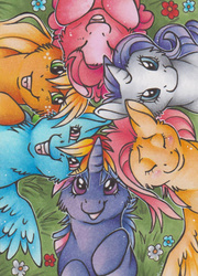 Size: 350x486 | Tagged: safe, artist:muukster, applejack, fluttershy, pinkie pie, rainbow dash, rarity, twilight sparkle, earth pony, pegasus, pony, unicorn, g4, eyes closed, female, flower, grass, happy, looking at you, mane six, mare, on back, open mouth, smiling, traditional art, wings