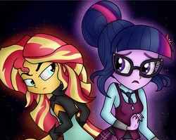 Size: 745x593 | Tagged: safe, artist:rainbowdashart101, sci-twi, sunset shimmer, twilight sparkle, equestria girls, g4, my little pony equestria girls: friendship games, clothes, crystal prep academy, crystal prep academy uniform, crystal prep shadowbolts, duo, glasses, leather jacket, looking at each other, looking back, open mouth, raised eyebrow, scene interpretation, school uniform