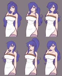 Size: 1082x1318 | Tagged: safe, artist:scorpdk, rarity, human, alternate hairstyle, breasts, busty rarity, clothes, dress, female, gray background, hair over one eye, humanized, large voluminous hair, looking at you, ponytail, side slit, simple background, smiling, smiling at you, socks, solo, stockings, thigh highs