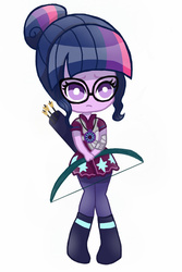 Size: 540x810 | Tagged: safe, artist:darkberryart, sci-twi, twilight sparkle, equestria girls, g4, my little pony equestria girls: friendship games, archer, archery, arrow, bow (weapon), chibi, cute, female, frown, glasses, looking at you, magic capture device, quiver, simple background, solo, twiabetes, white background