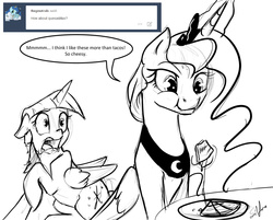 Size: 1280x1029 | Tagged: safe, artist:silfoe, princess luna, twilight sparkle, alicorn, pony, royal sketchbook, g4, :t, eating, female, floppy ears, frown, grayscale, horrified, magic, mare, monochrome, open mouth, quesadilla, raised hoof, scared, sitting, smiling, telekinesis, they're just so cheesy, tumblr, twilight sparkle (alicorn), wide eyes