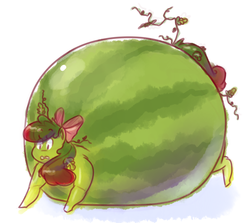 Size: 1000x892 | Tagged: safe, artist:secretgoombaman12345, apple bloom, ask chubby diamond, g4, food transformation, fruit, inflation, melon bloom, plant tf, solo, spherical inflation, transformation, watermelon, watermelon inflation