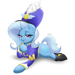 Size: 6667x6667 | Tagged: safe, artist:thebrokencog, trixie, pony, unicorn, g4, absurd resolution, clothes, dock, female, looking at you, mare, prone, sexy, sgt. trixie, shoes, smiling, smug, solo, uniform