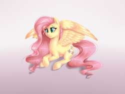 Size: 2000x1500 | Tagged: safe, artist:pumpkinkikile, fluttershy, g4, blushing, crossed hooves, cute, female, gradient background, prone, shyabetes, smiling, solo, spread wings