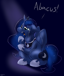 Size: 2100x2500 | Tagged: safe, artist:skoon, princess luna, g4, abacus, crying, dialogue, female, floppy ears, frown, high res, open mouth, raised hoof, sad, sitting, solo
