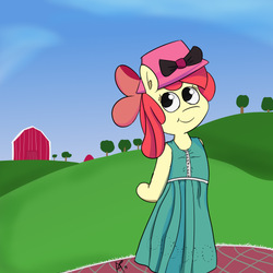 Size: 500x500 | Tagged: safe, artist:davierocket, apple bloom, earth pony, anthro, g4, barn, clothes, dress, female, hair bow, hat, outdoors, solo